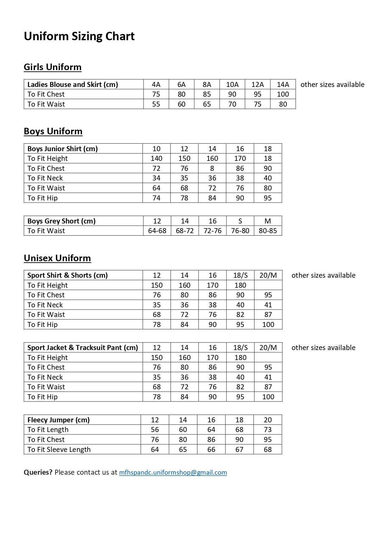 Uniform Chart Example Uniform Sizing Chart | Model Farms High School Parents & Citizens ...